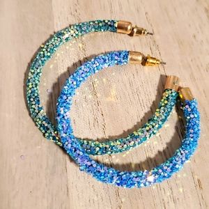Blue or green Aurora Borealis crystal gold tone hoops Earrings
